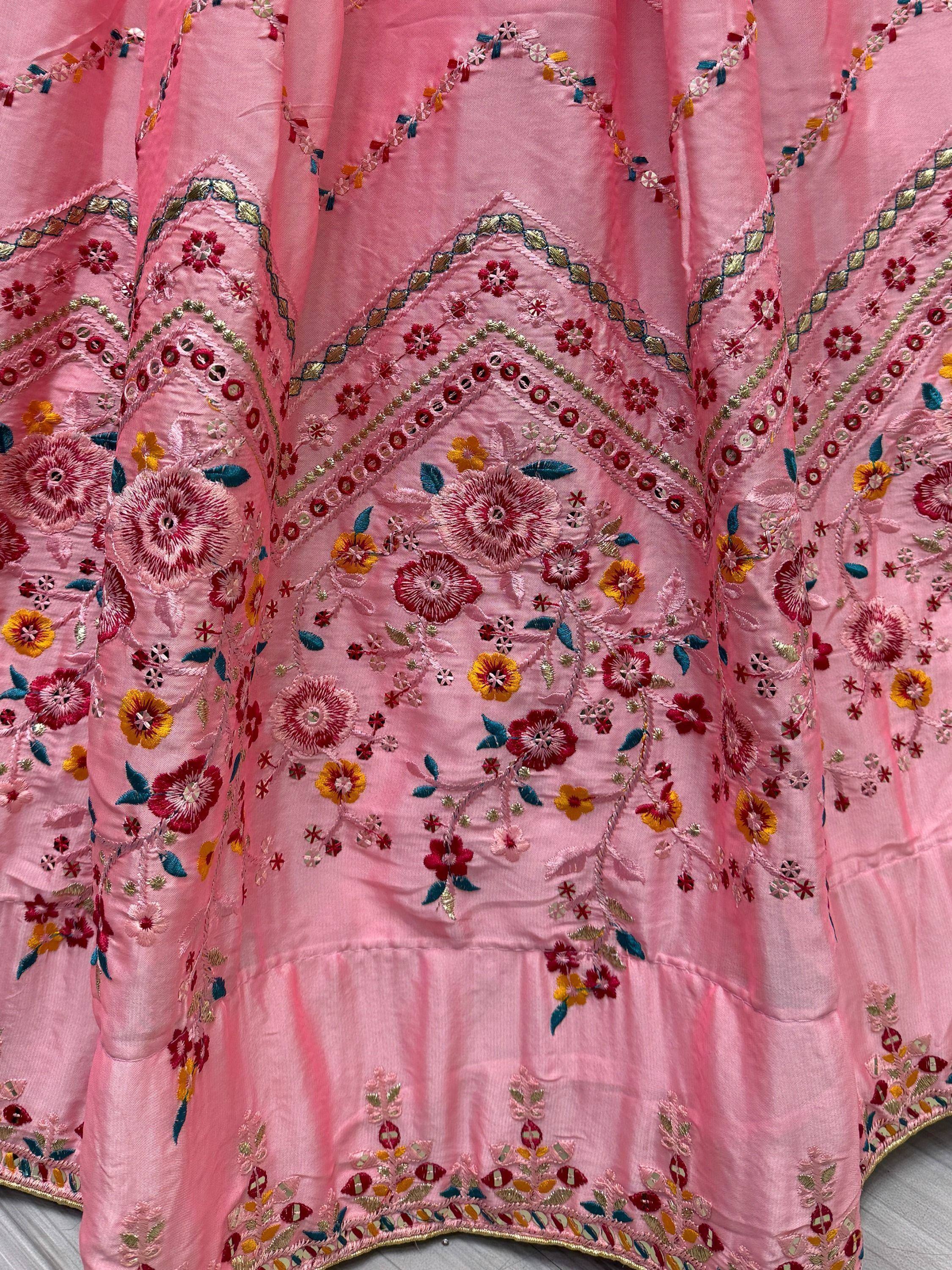 Pink floral embroidered ethnic wear with mirror work and colorful thread detailing