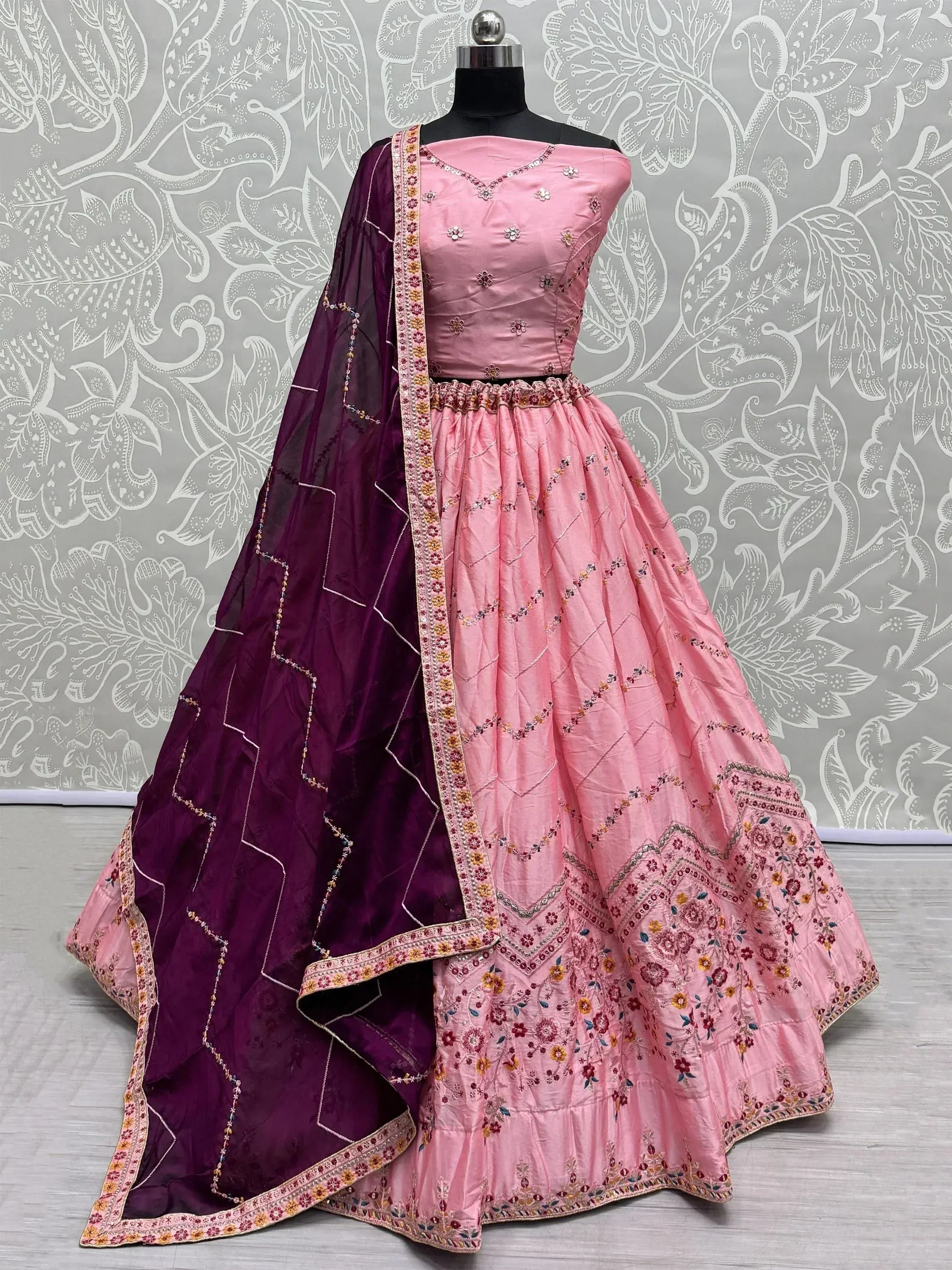 Pink embroidered lehenga choli with purple dupatta, Indian ethnic wear for women