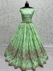 Fascinating Light Green Thread-Work Silk Lehenga Choli With Dupatta