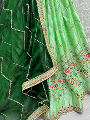 Fascinating Light Green Thread-Work Silk Lehenga Choli With Dupatta