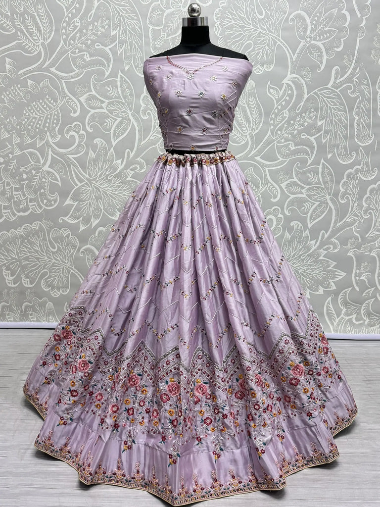 Mesmerizing Lavender Thread-Work Silk Bridesmaid Lehenga Choli