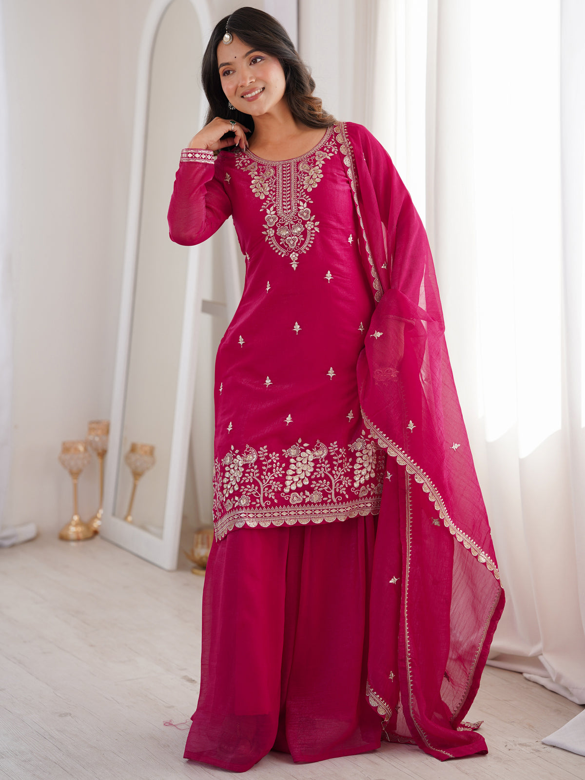 Pretty Hot Pink Embroidered Silk Engagement Wear Sharara Suit