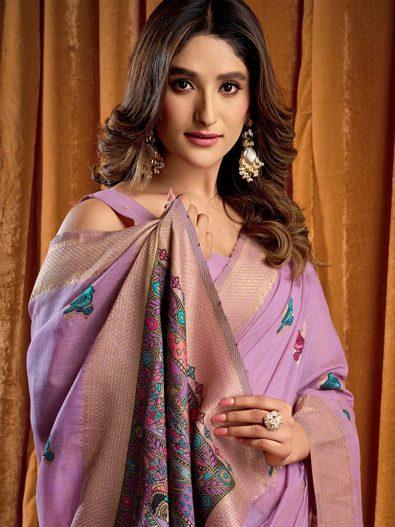 Stylish Lavender Zari Weaving Khadi Festive Wear Saree With Blouse