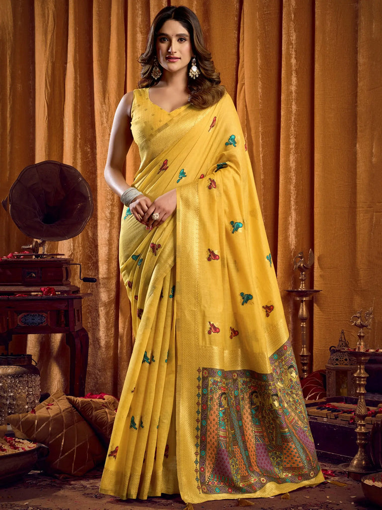 Lovely Yellow Zari Weaving Khadi Wedding Wear Saree With Blouse