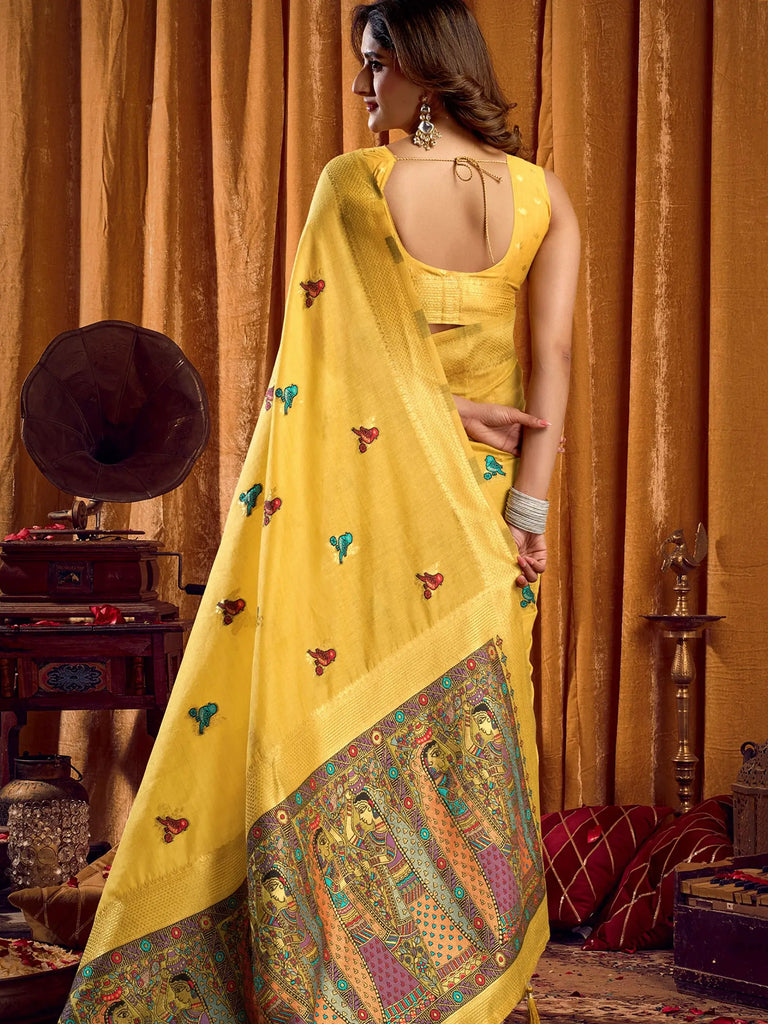 Lovely Yellow Zari Weaving Khadi Wedding Wear Saree With Blouse