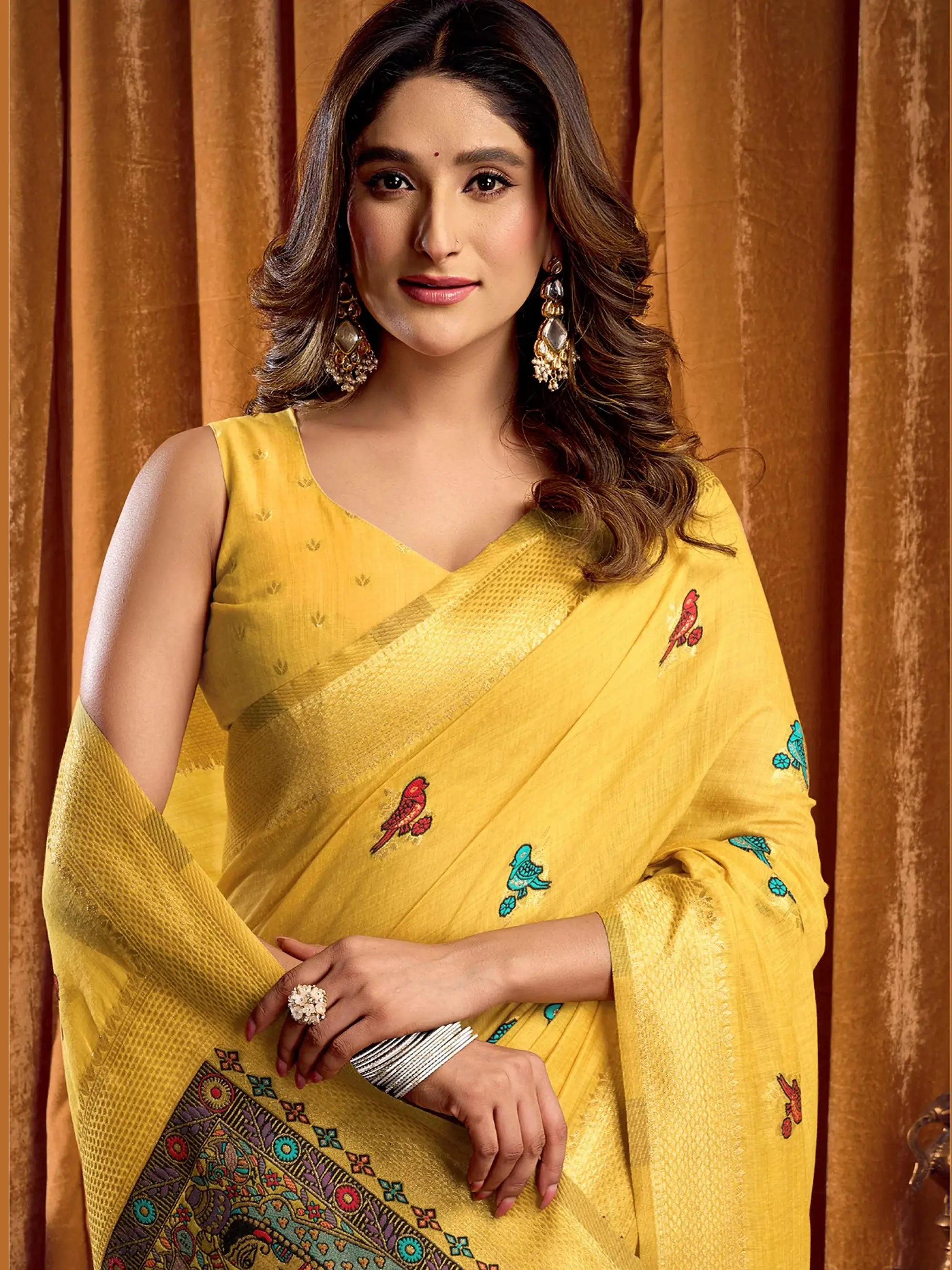 Lovely Yellow Zari Weaving Khadi Wedding Wear Saree With Blouse
