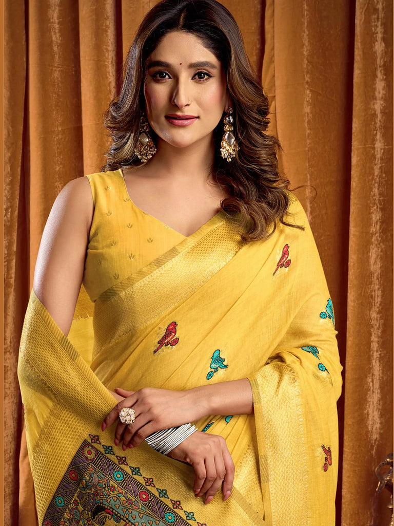Lovely Yellow Zari Weaving Khadi Wedding Wear Saree With Blouse