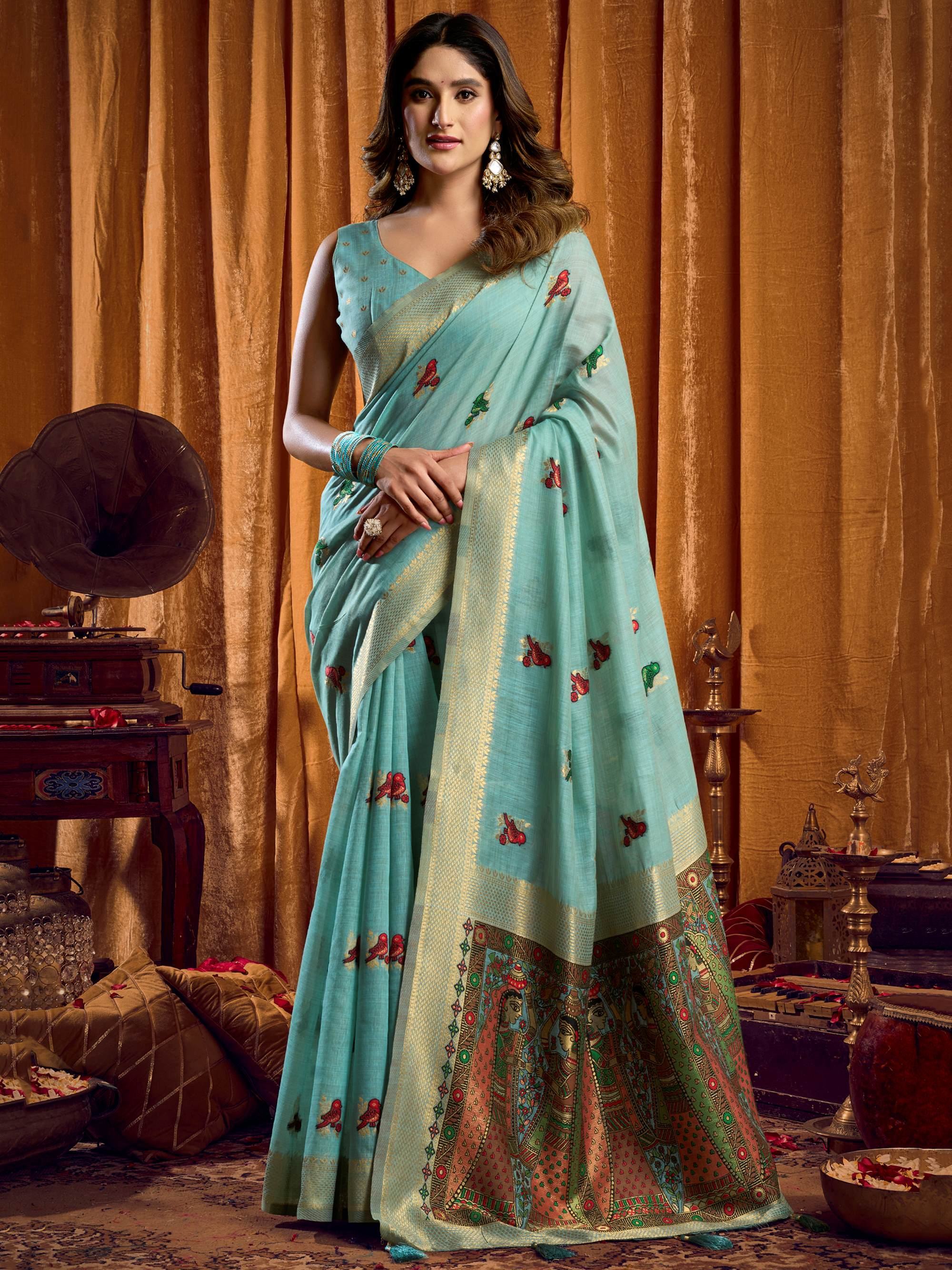 Pretty Sea Green Zari Weaving Khadi Festive Wear Saree With Blouse
