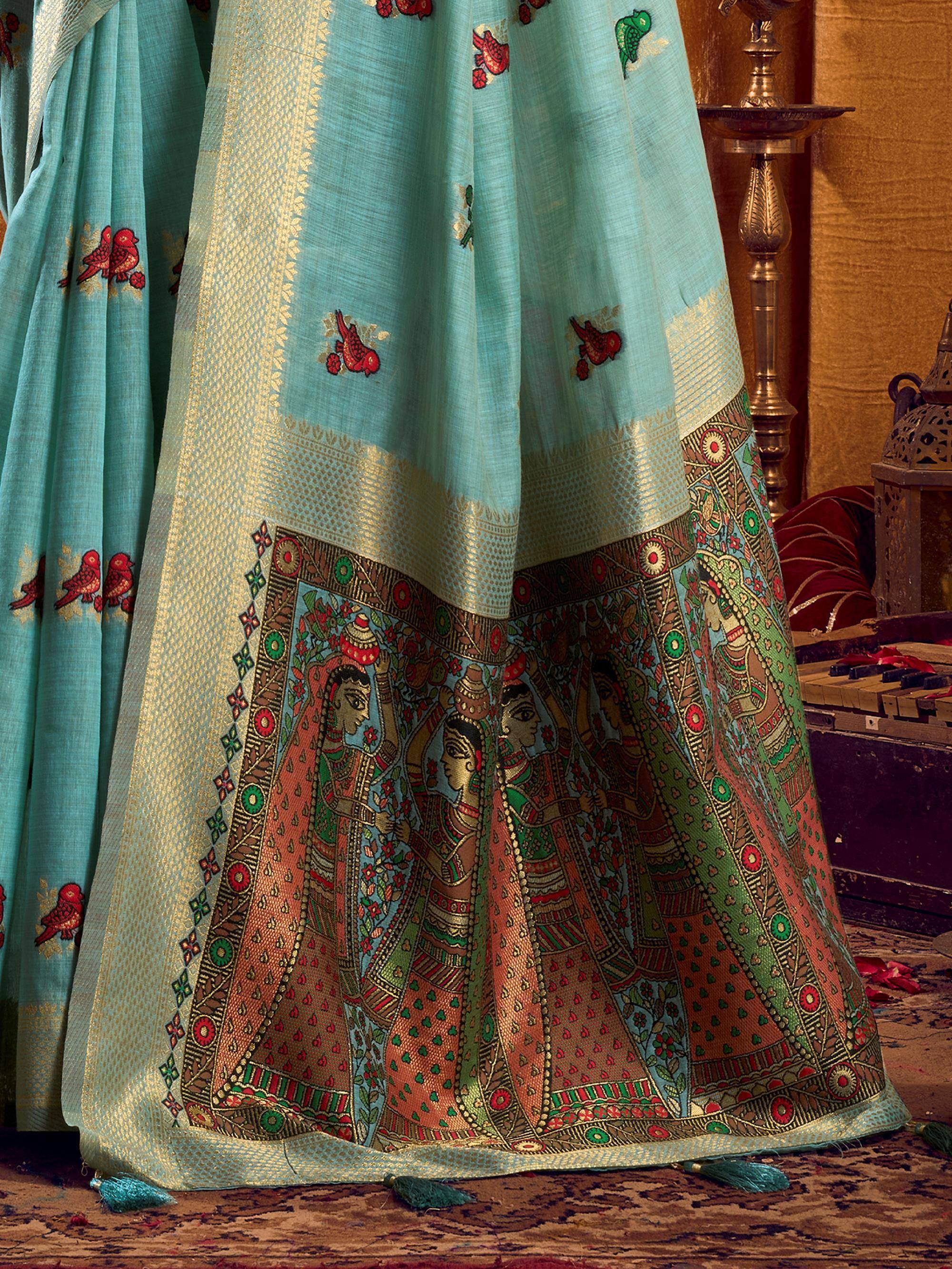 Pretty Sea Green Zari Weaving Khadi Festive Wear Saree With Blouse