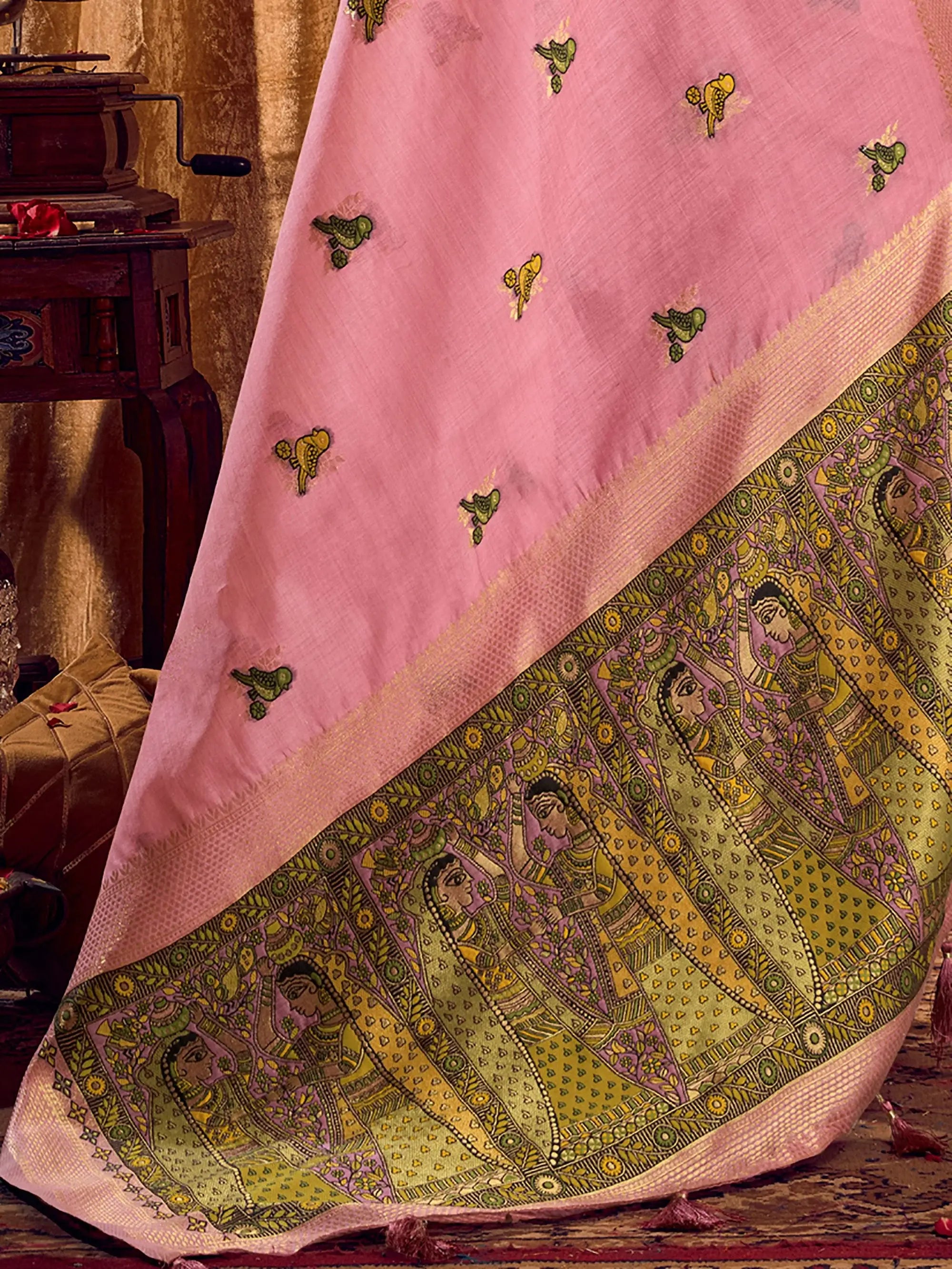 Attractive Pink Zari Weaving Khadi Function Wear Saree With Blouse