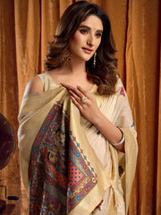 Awesome Cream Zari Weaving Khadi Traditional Wear Saree With Blouse