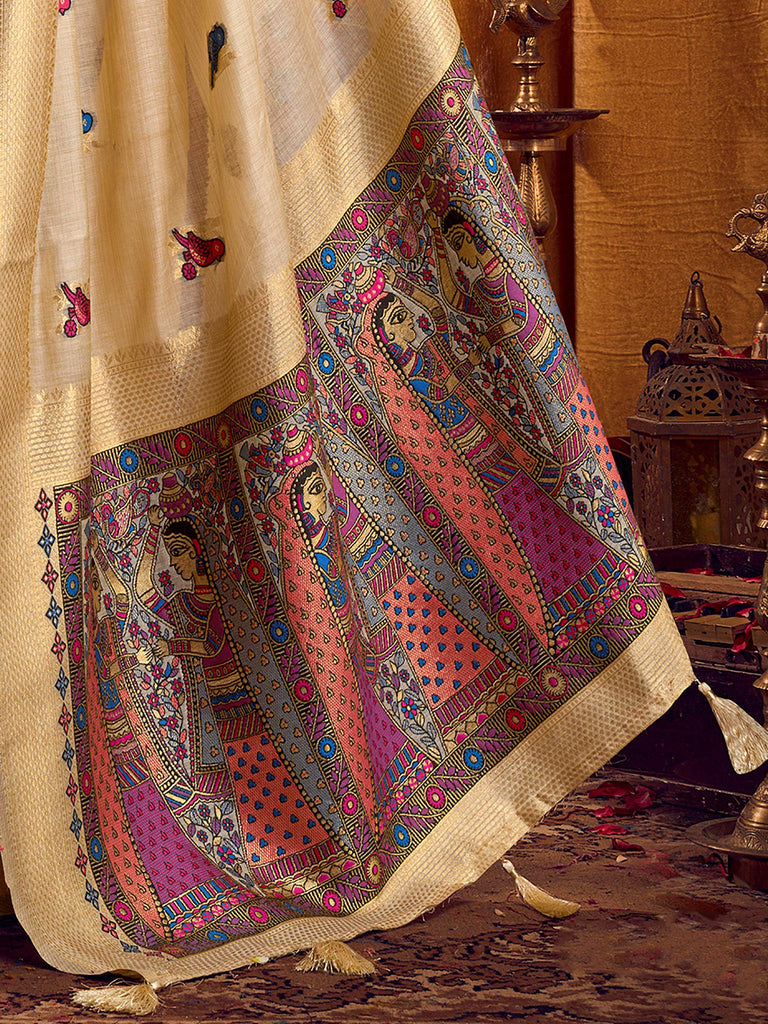 Awesome Cream Zari Weaving Khadi Traditional Wear Saree With Blouse