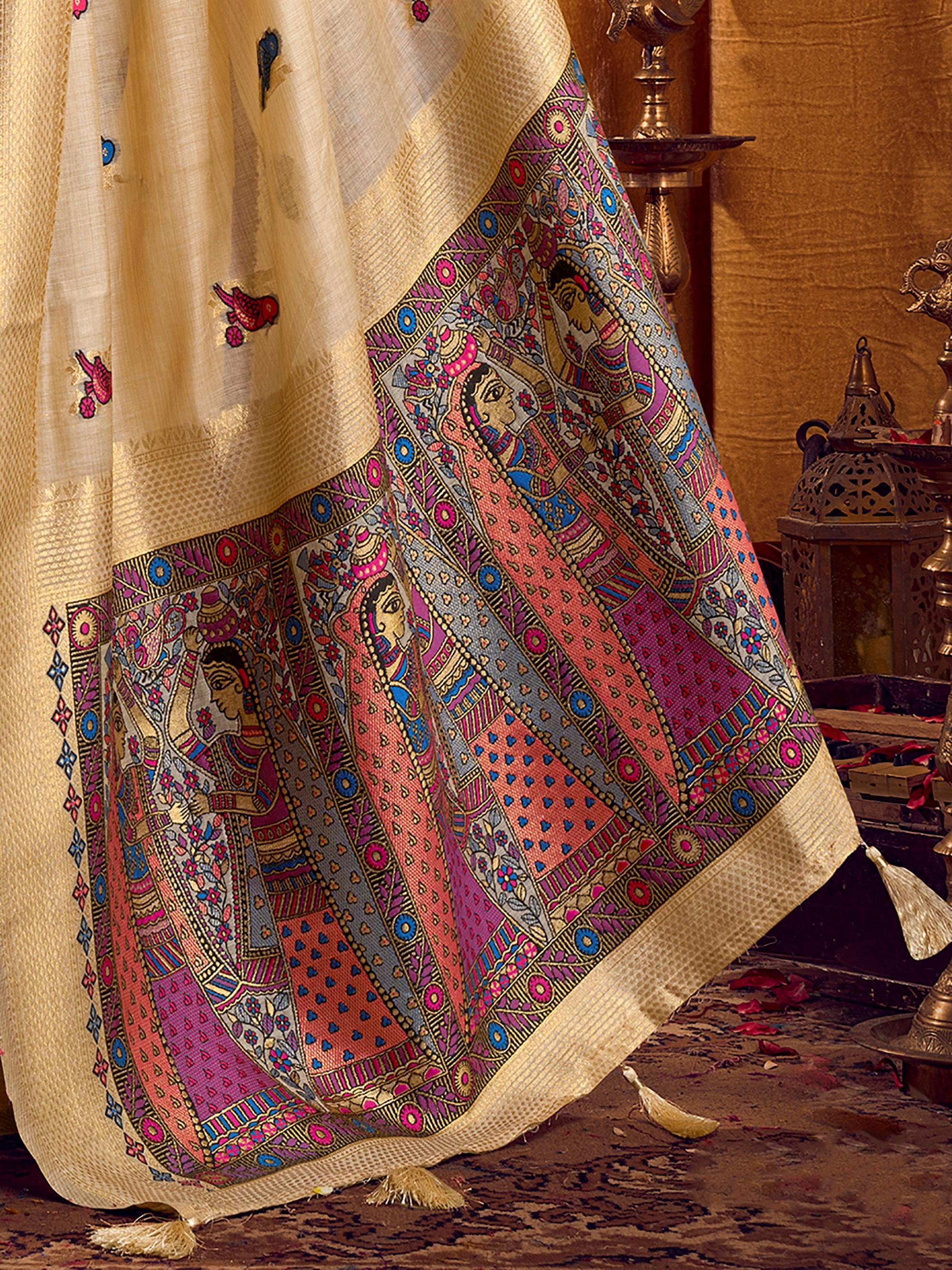 Awesome Cream Zari Weaving Khadi Traditional Wear Saree With Blouse