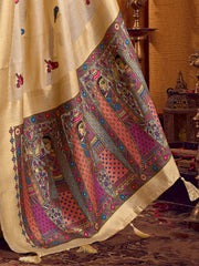 Awesome Cream Zari Weaving Khadi Traditional Wear Saree With Blouse