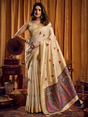 Awesome Cream Zari Weaving Khadi Traditional Wear Saree With Blouse