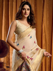 Awesome Cream Zari Weaving Khadi Traditional Wear Saree With Blouse
