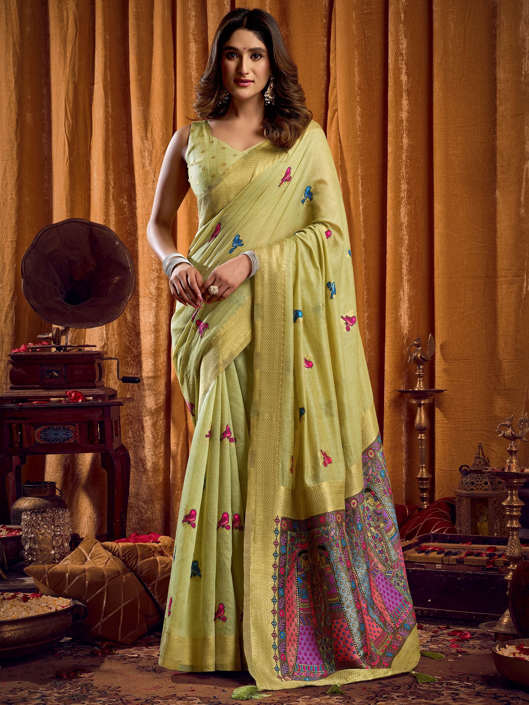 Glamorous Green Zari Weaving Khadi Wedding Wear Saree With Blouse