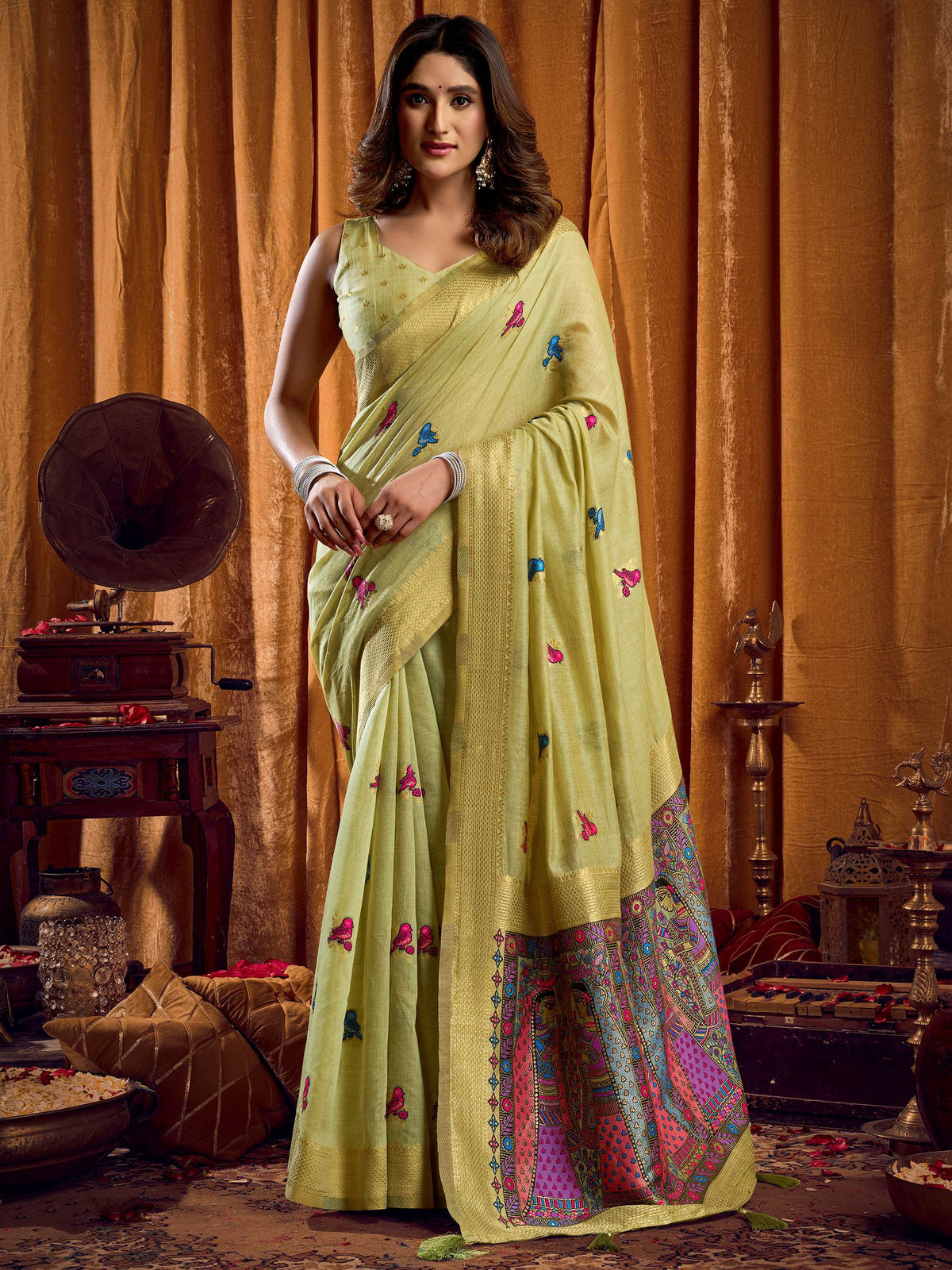 Glamorous Green Zari Weaving Khadi Wedding Wear Saree With Blouse