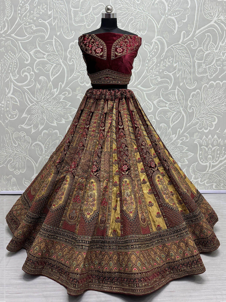 Stunning Maroon Velvet Bridal Lehenga Choli With Double Dupatta