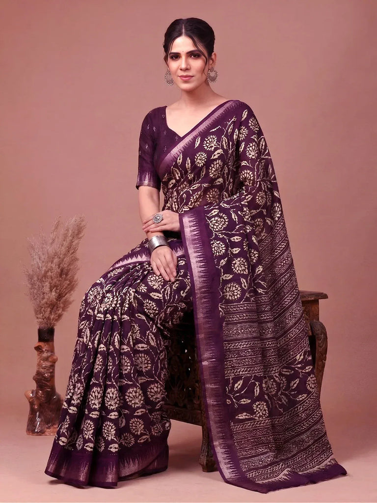 Majestic Wine Floral Printed Silk Casual Wear Saree With Blouse