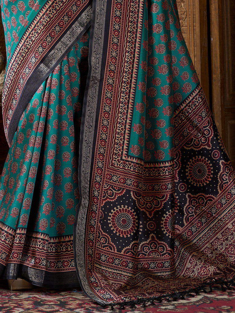 Marvelous Teal Green Digital Printed Silk Event Wear Saree With Blouse