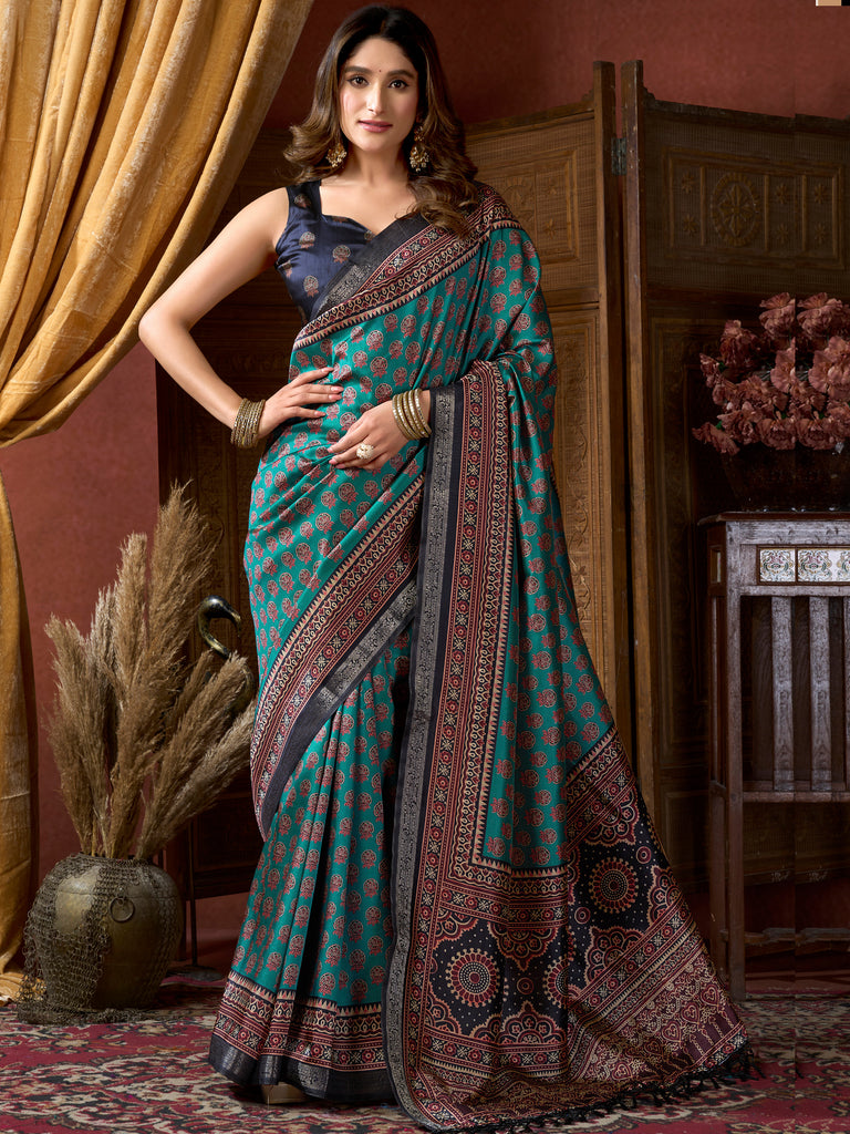 Marvelous Teal Green Digital Printed Silk Event Wear Saree With Blouse