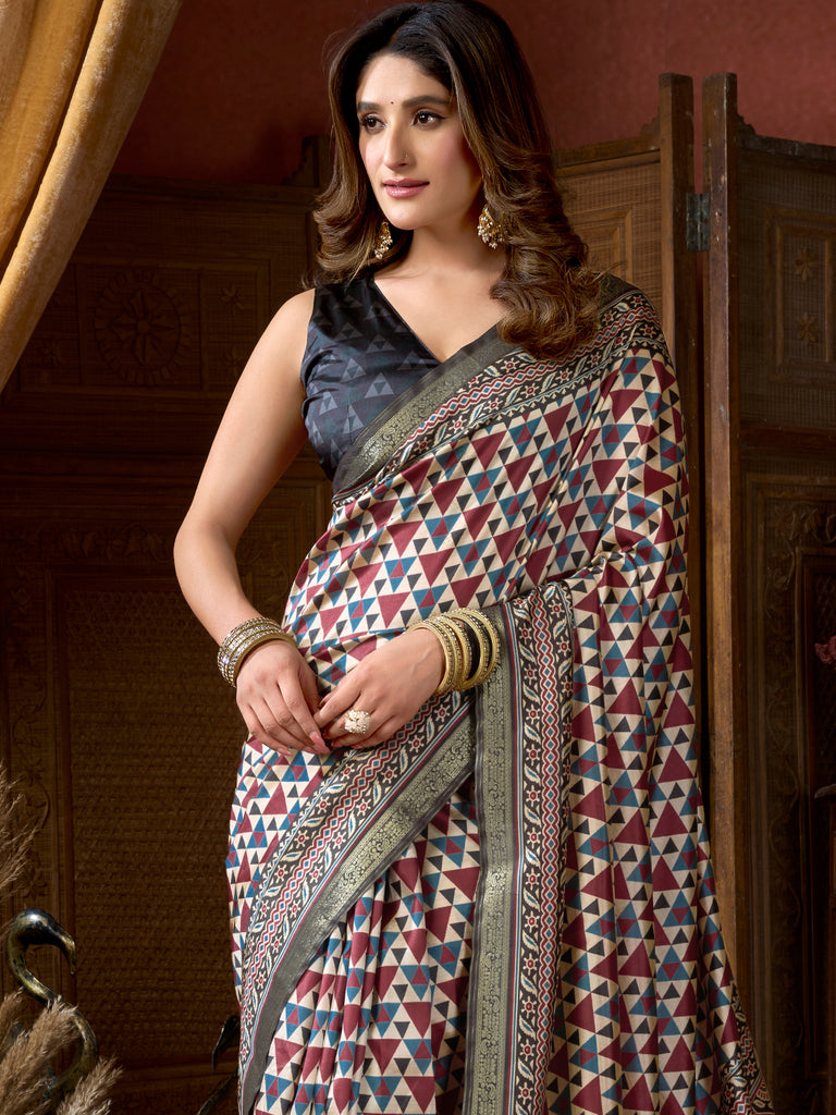 Magnificent Cream Digital Printed Silk Traditional Saree With Blouse