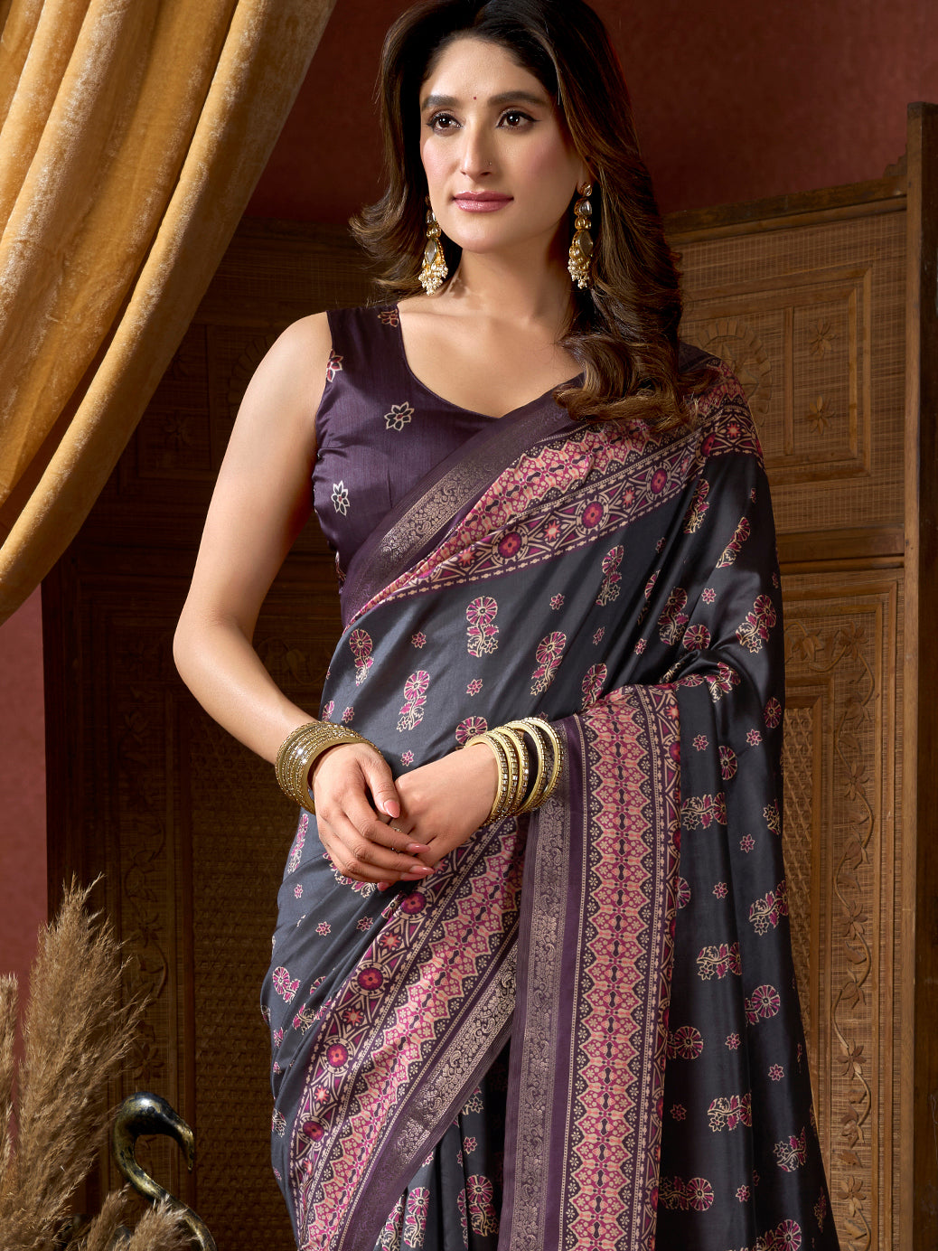 Classis Black Floral Printed Silk Festive Wear Saree With Blouse