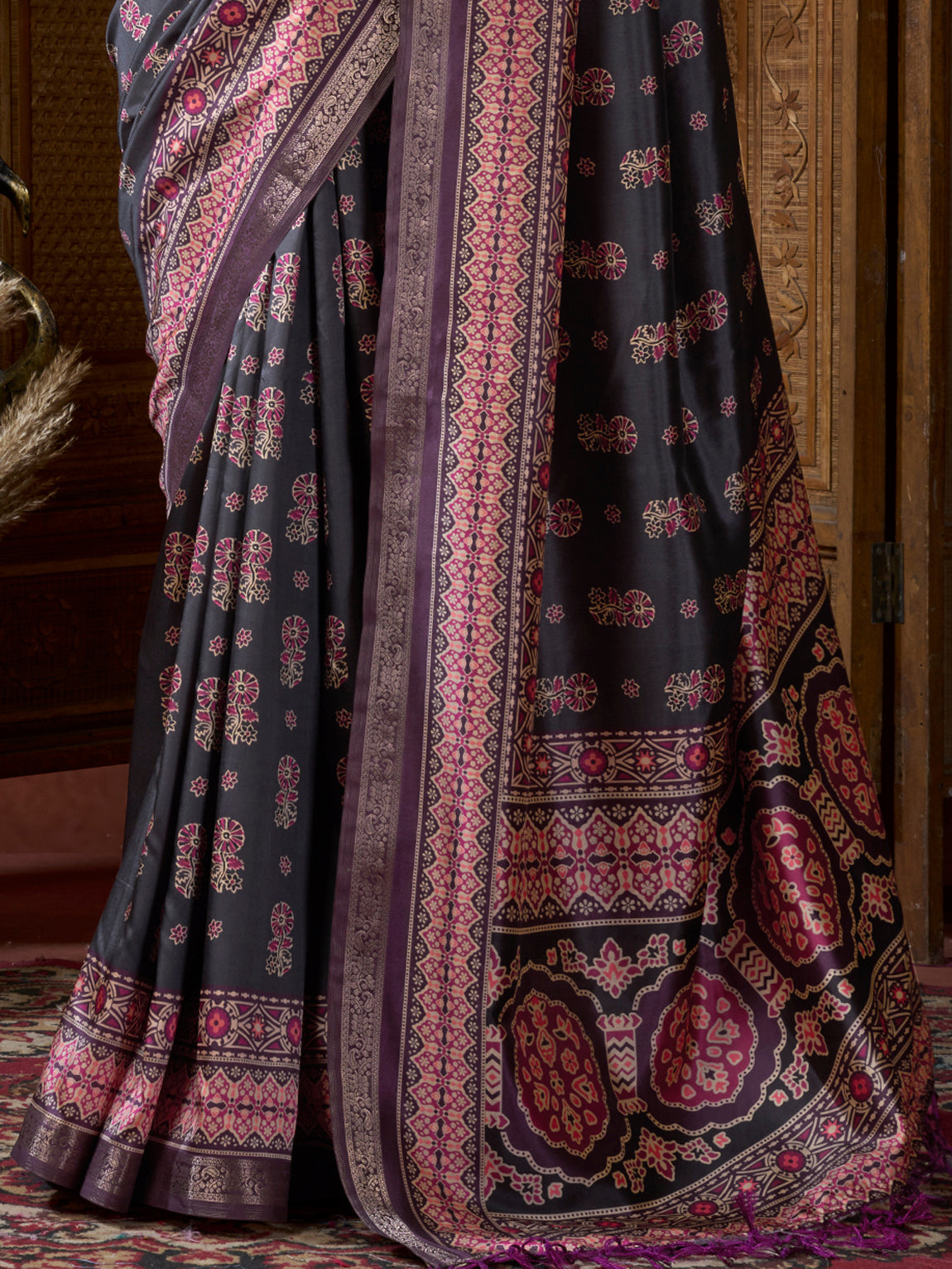 Classis Black Floral Printed Silk Festive Wear Saree With Blouse