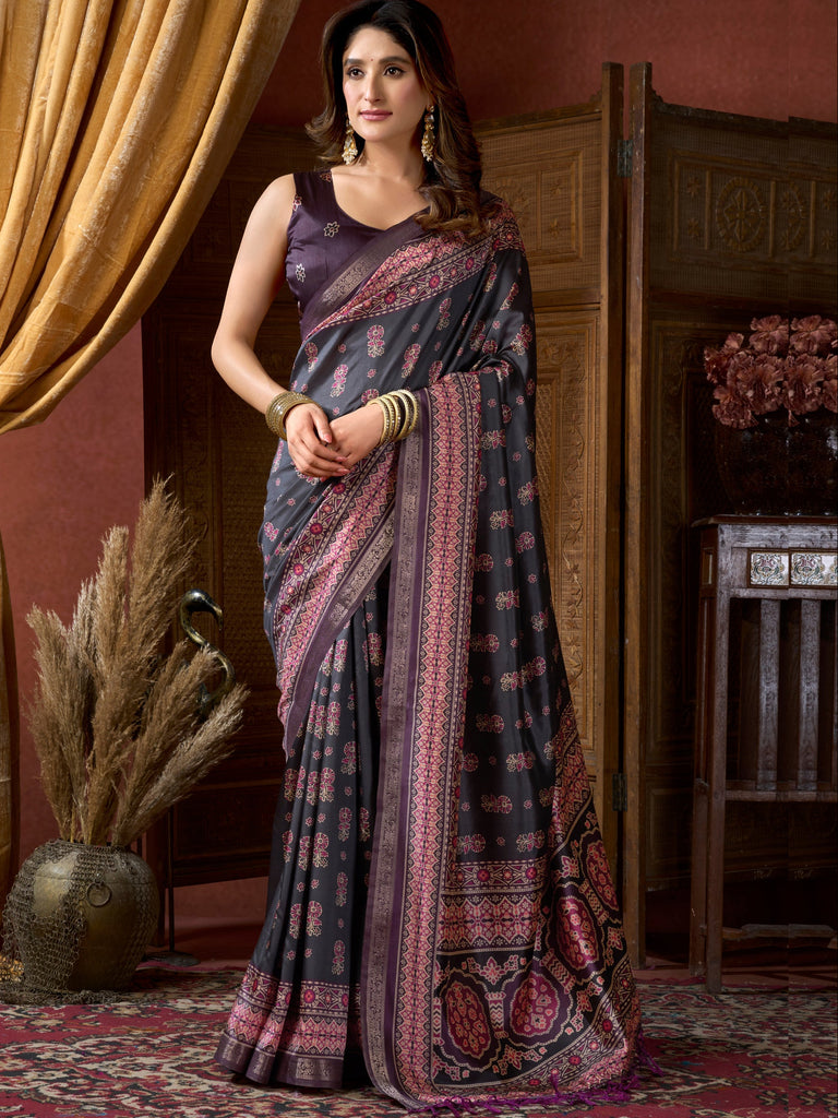 Classis Black Floral Printed Silk Festive Wear Saree With Blouse