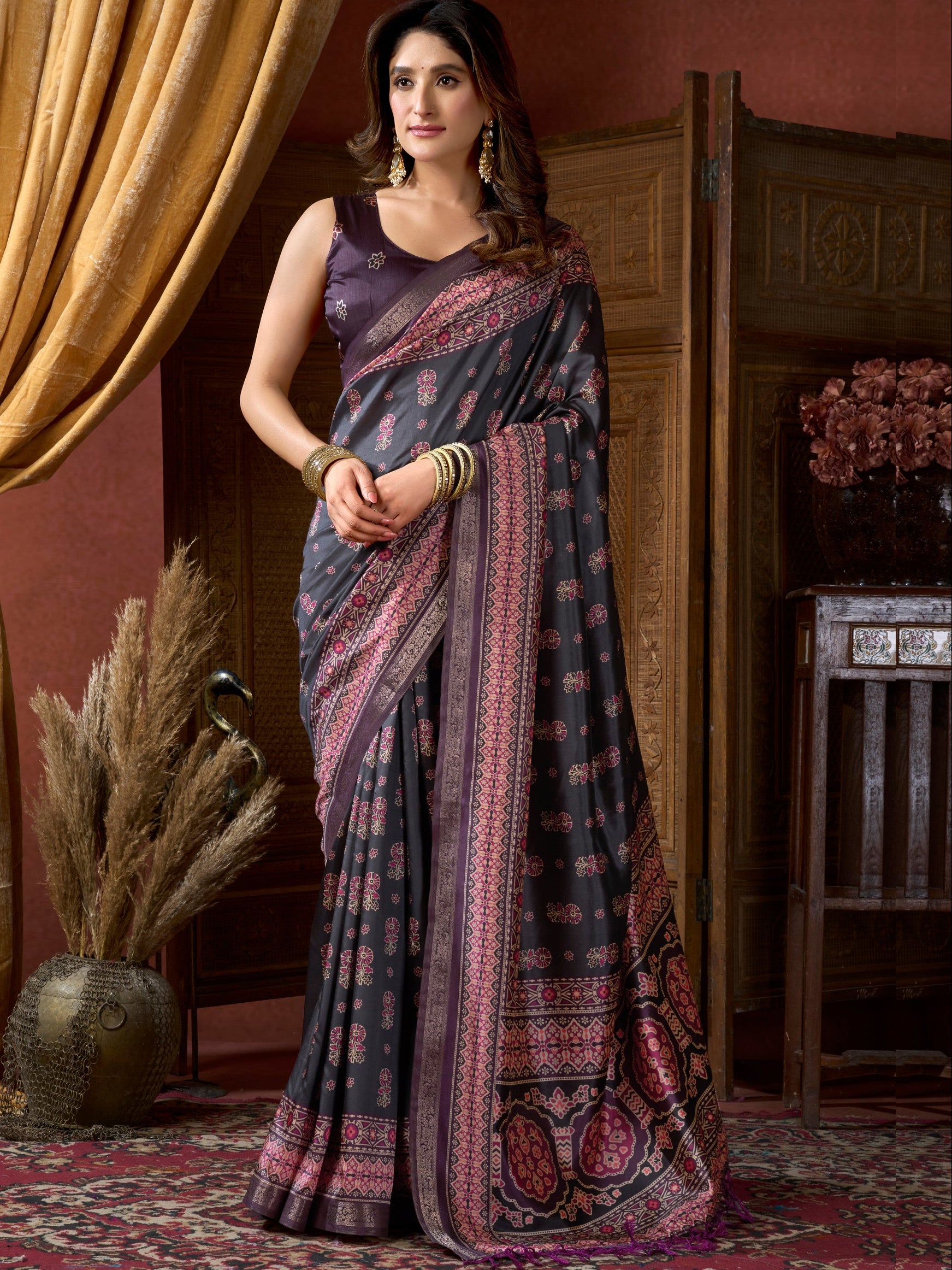 Classis Black Floral Printed Silk Festive Wear Saree With Blouse