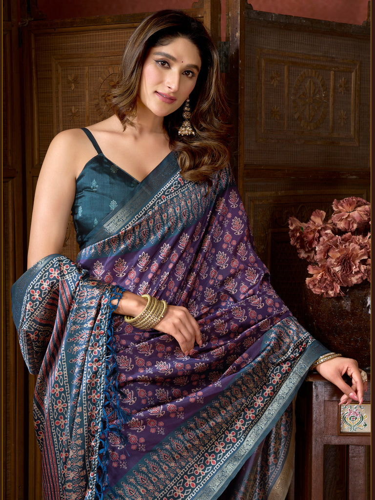 Impressive Purple Printed Silk Wedding Wear Saree With Blouse