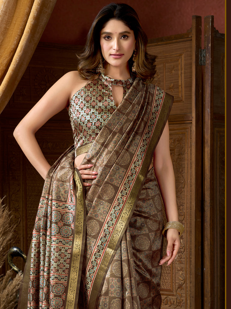 Notable Brown Digital Printed Silk Function Wear Saree With Blouse