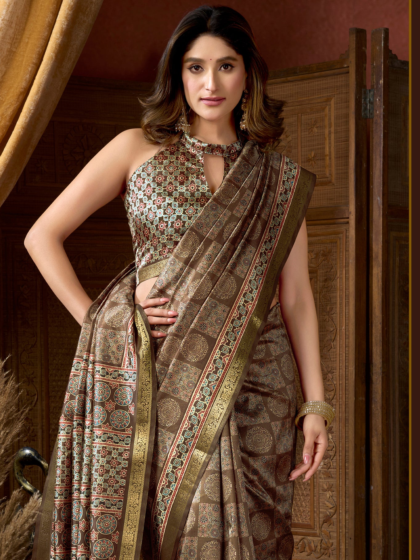 Notable Brown Digital Printed Silk Function Wear Saree With Blouse