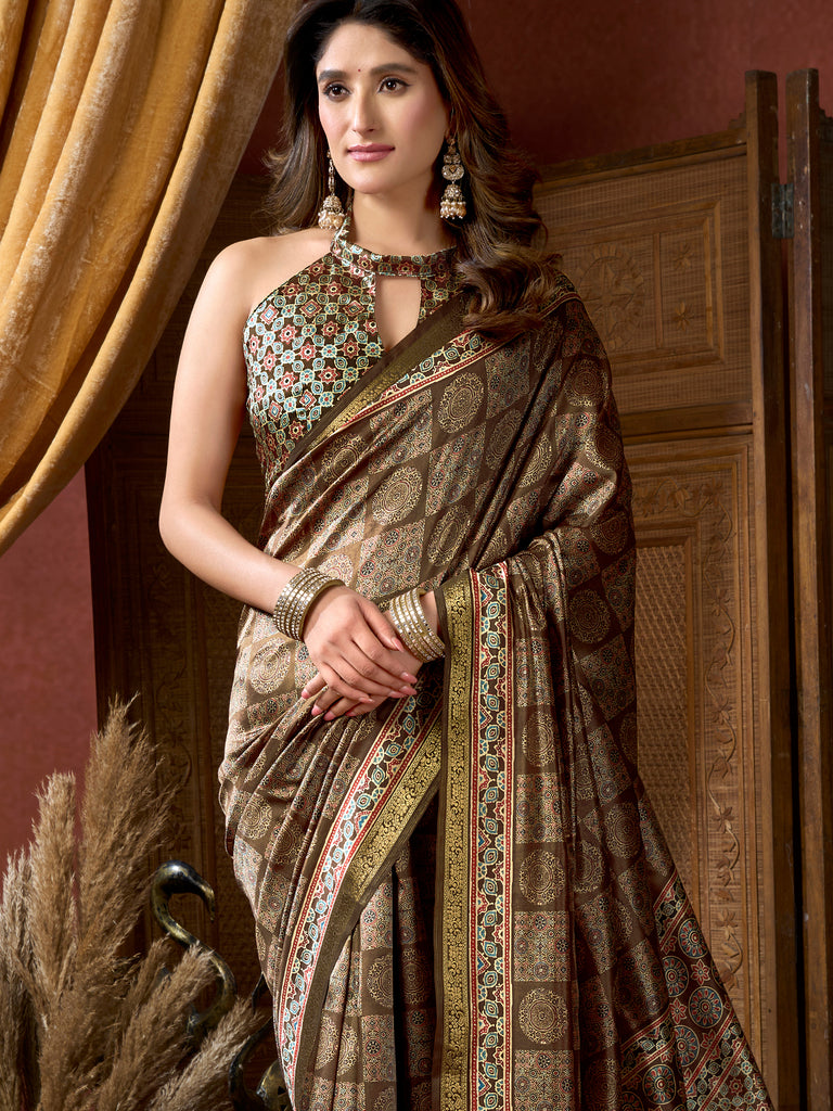 Notable Brown Digital Printed Silk Function Wear Saree With Blouse