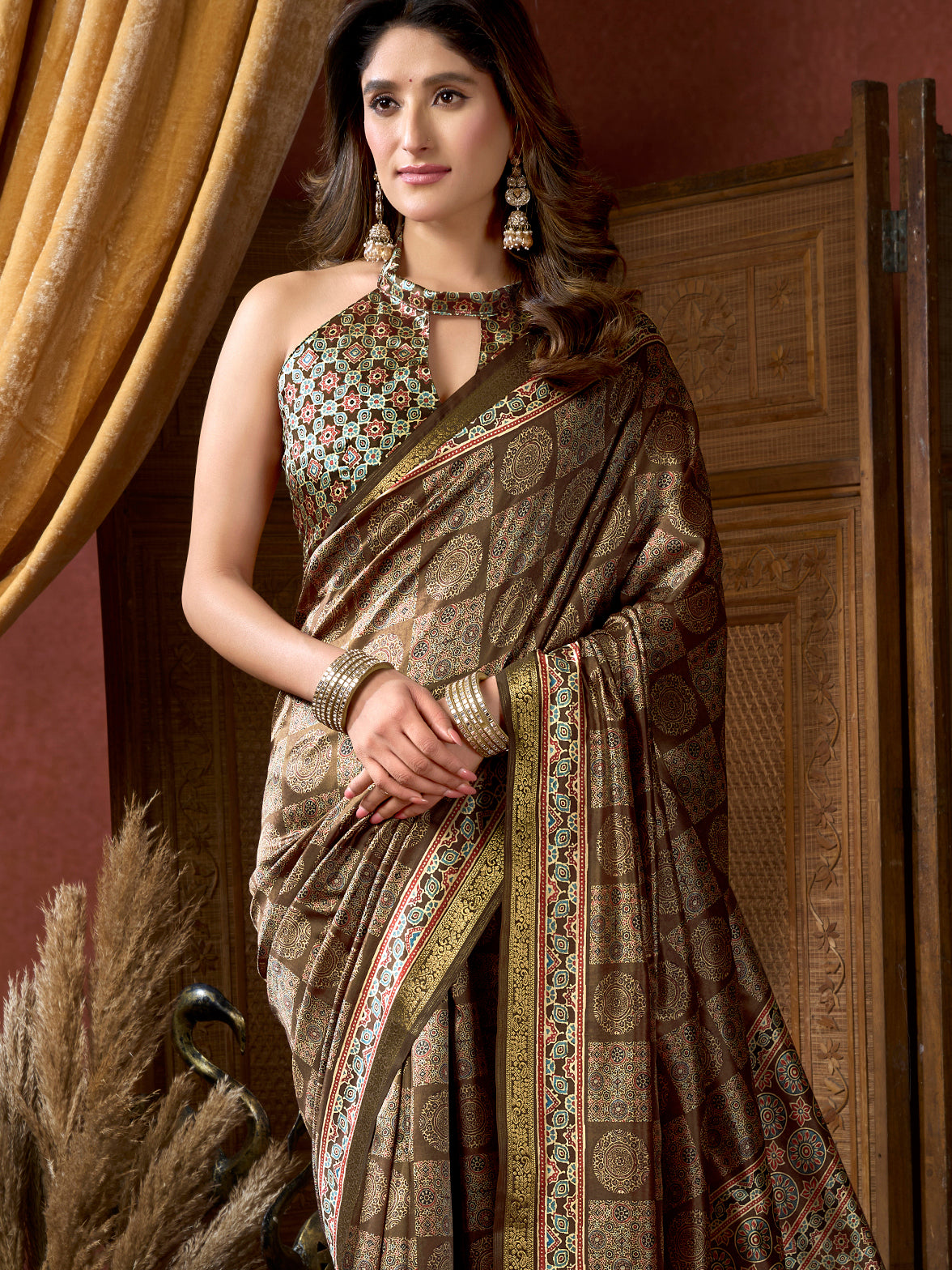 Notable Brown Digital Printed Silk Function Wear Saree With Blouse