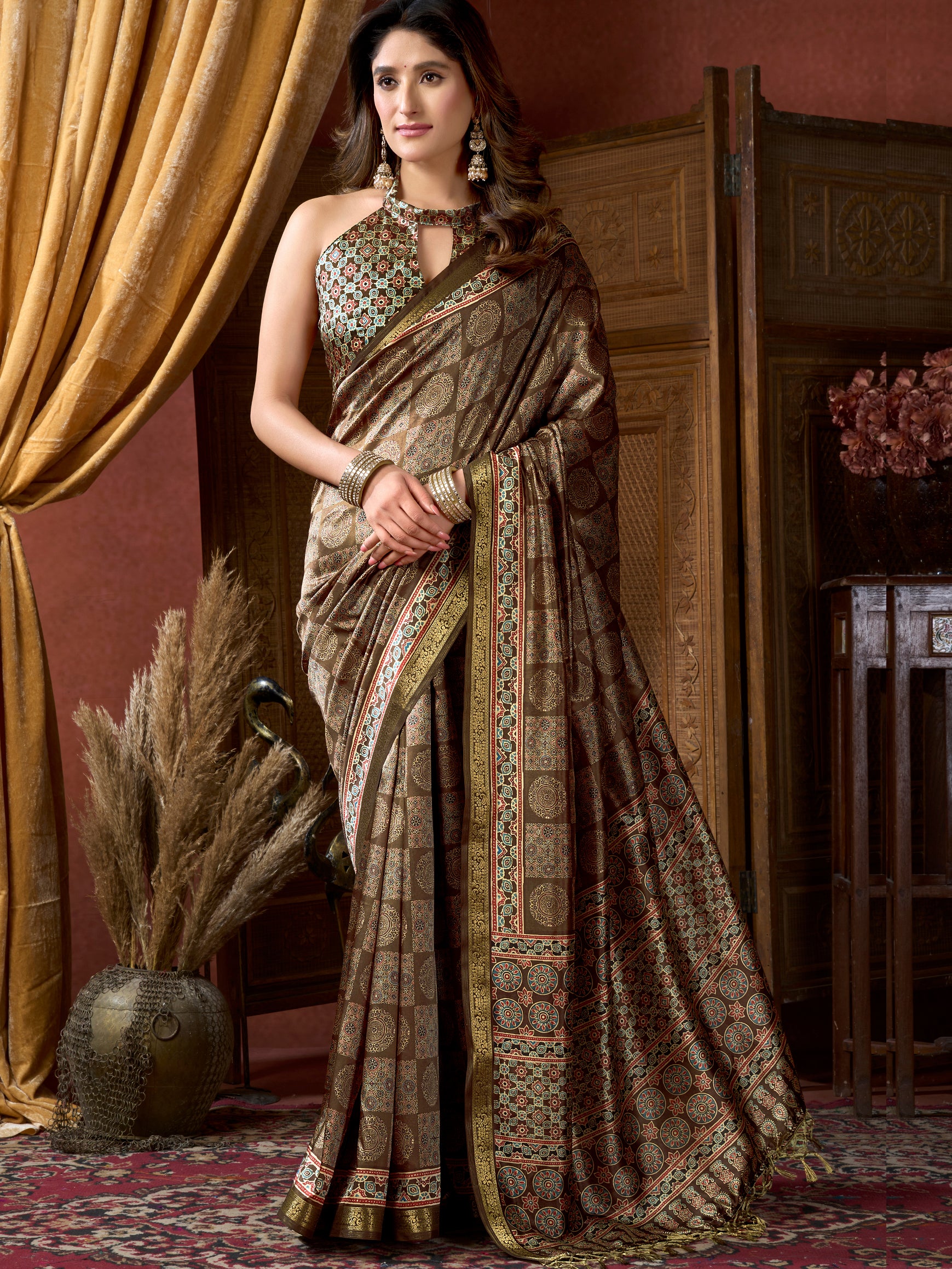 Notable Brown Digital Printed Silk Function Wear Saree With Blouse