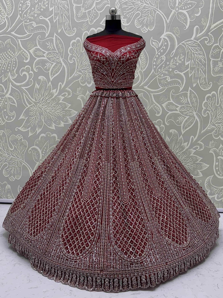 Attractive Red Net Zircon Work Bridal Wear Lehenga Choli With Dupatta
