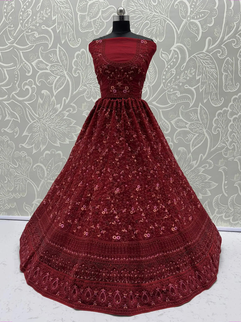 Beautiful Red Net Thread Embroidered Bridal Lehenga Choli With Dupatta