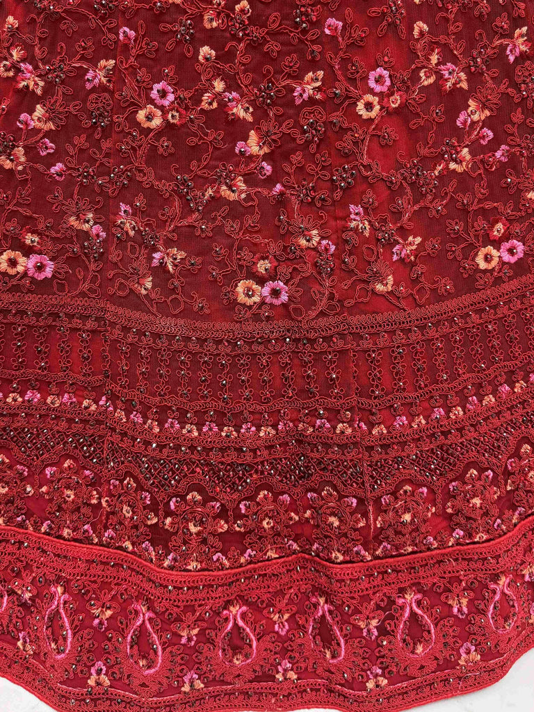 Beautiful Red Net Thread Embroidered Bridal Lehenga Choli With Dupatta
