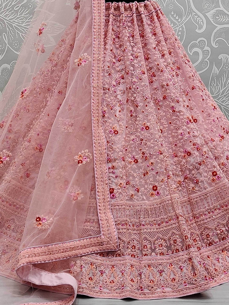 Elegant Pink Net Thread Embroidered Bridesmaids Lehenga Choli