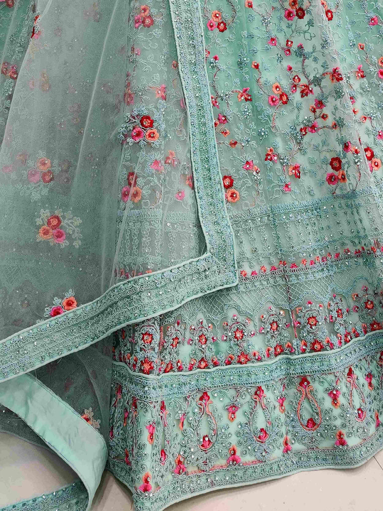 Adorning Sky Blue Net Zircon Work Wedding Wear Lehenga Choli