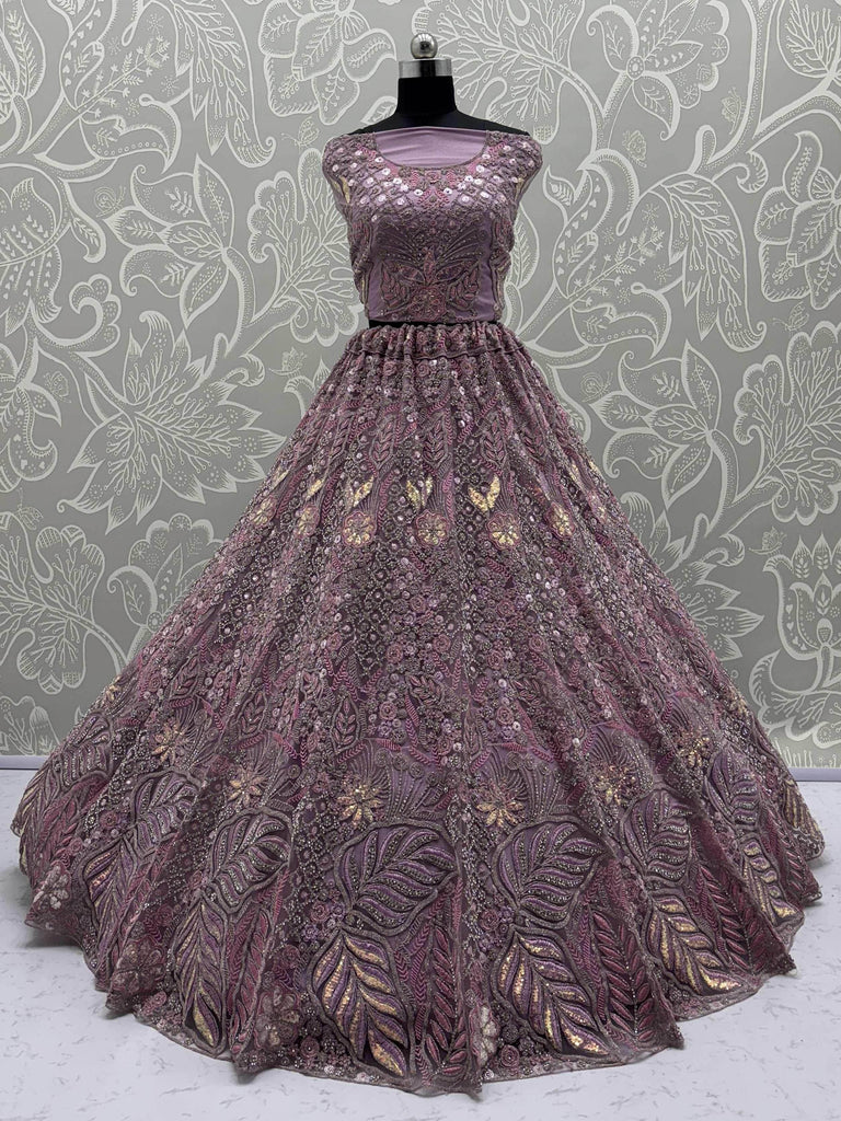 Stunning Lavender Net Zircon Work Bridal Lehenga Choli With Dupatta