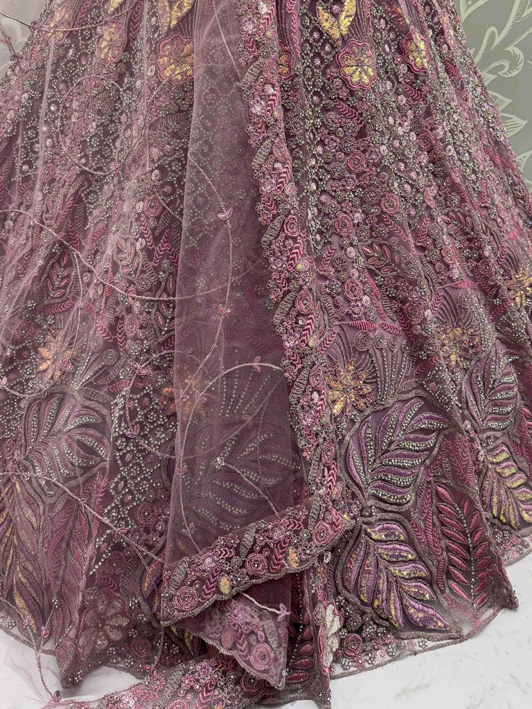 Stunning Lavender Net Zircon Work Bridal Lehenga Choli With Dupatta