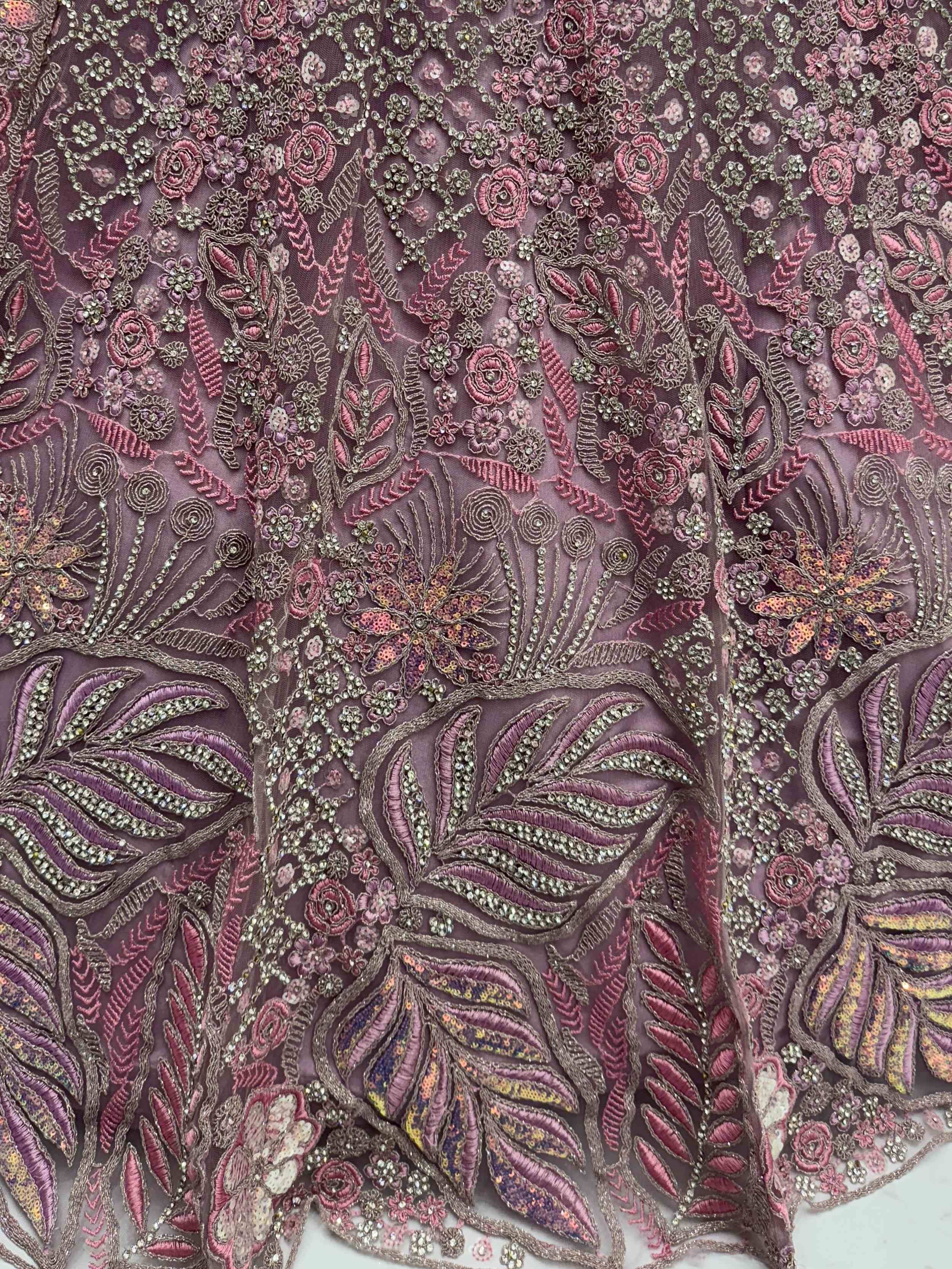 Luxury Indian ethnic wear fabric with intricate floral embroidery and sequin detailing in mauve tones.