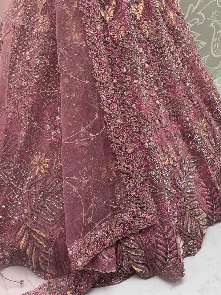 Pretty Pink Dori Embroidered Net Bridal Wear Lehenga Choli