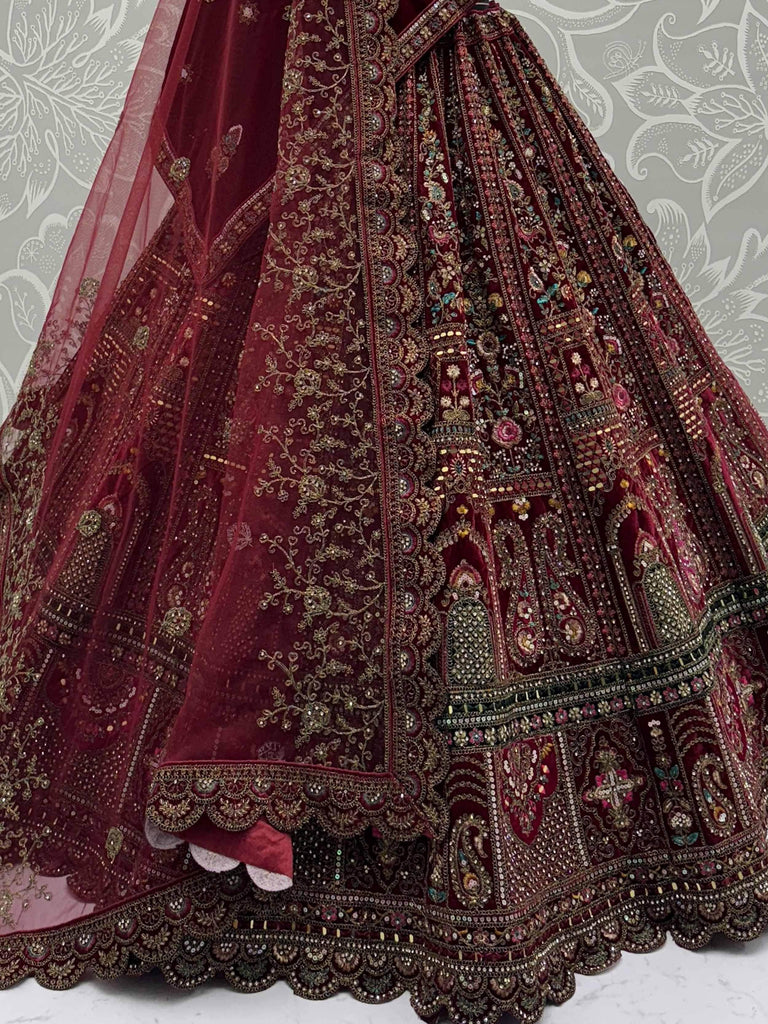 Alluring Maroon Velvet Sequins Embroidered Bridal Lehenga Choli