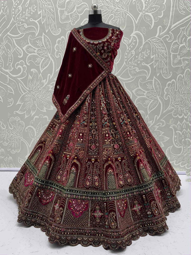 Alluring Maroon Velvet Sequins Embroidered Bridal Lehenga Choli