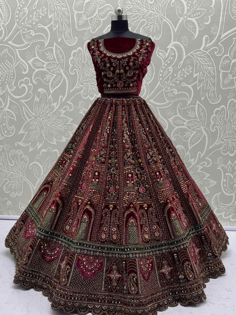 Alluring Maroon Velvet Sequins Embroidered Bridal Lehenga Choli