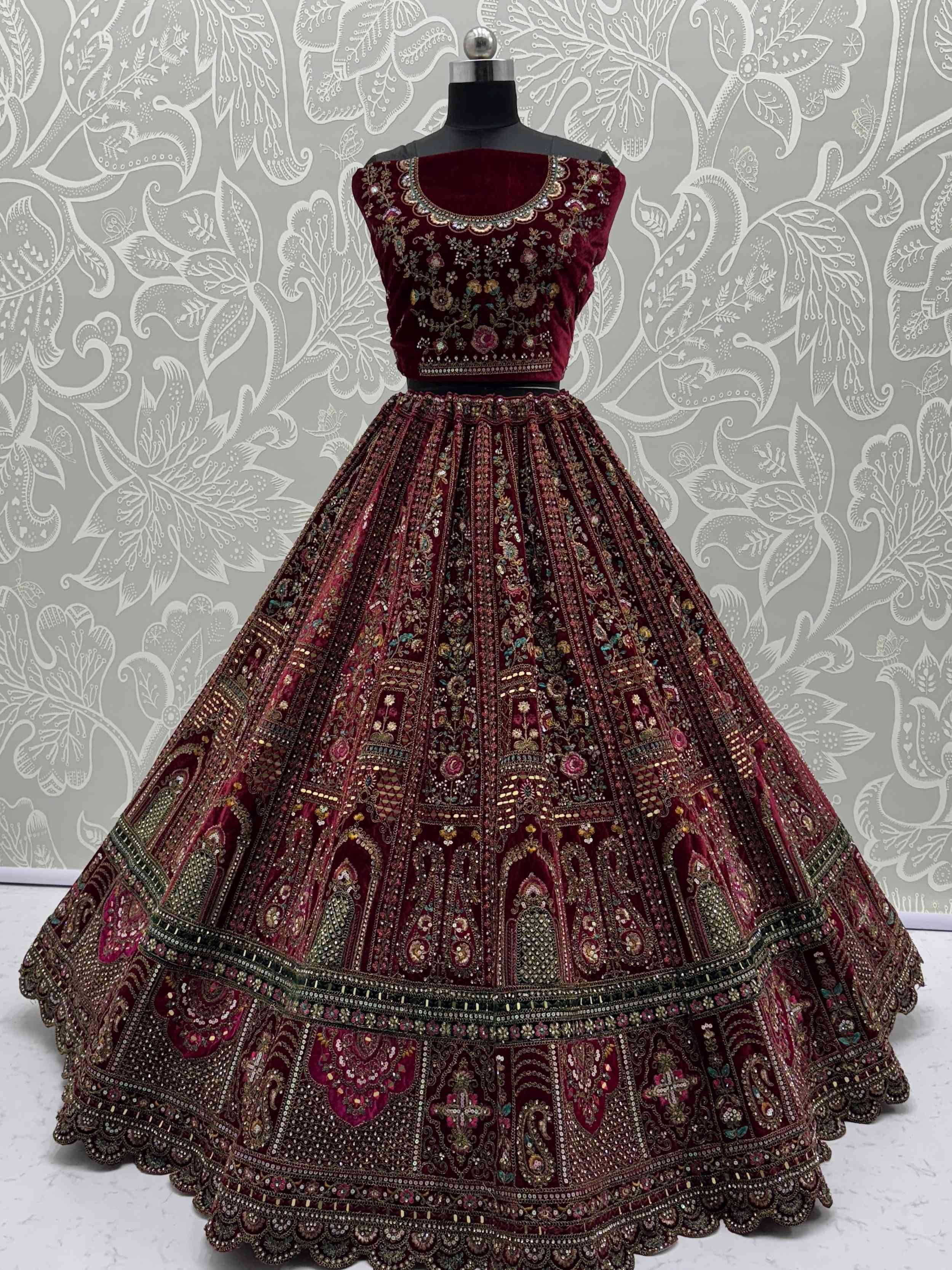 Alluring Maroon Velvet Sequins Embroidered Bridal Lehenga Choli